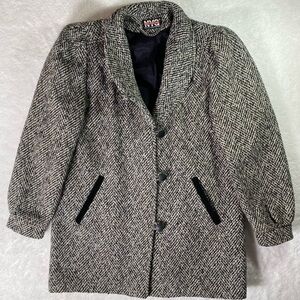 NYC New York Girl Vintage Tweed Coat Herringbone Velvet Trim Made in USA 8